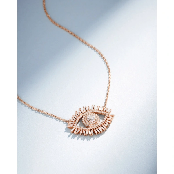 Suzanne Kalan Evil Eye Midi Diamond Half Pave Pendant in 18K Rose Gold | Fine Necklaces | Coveti