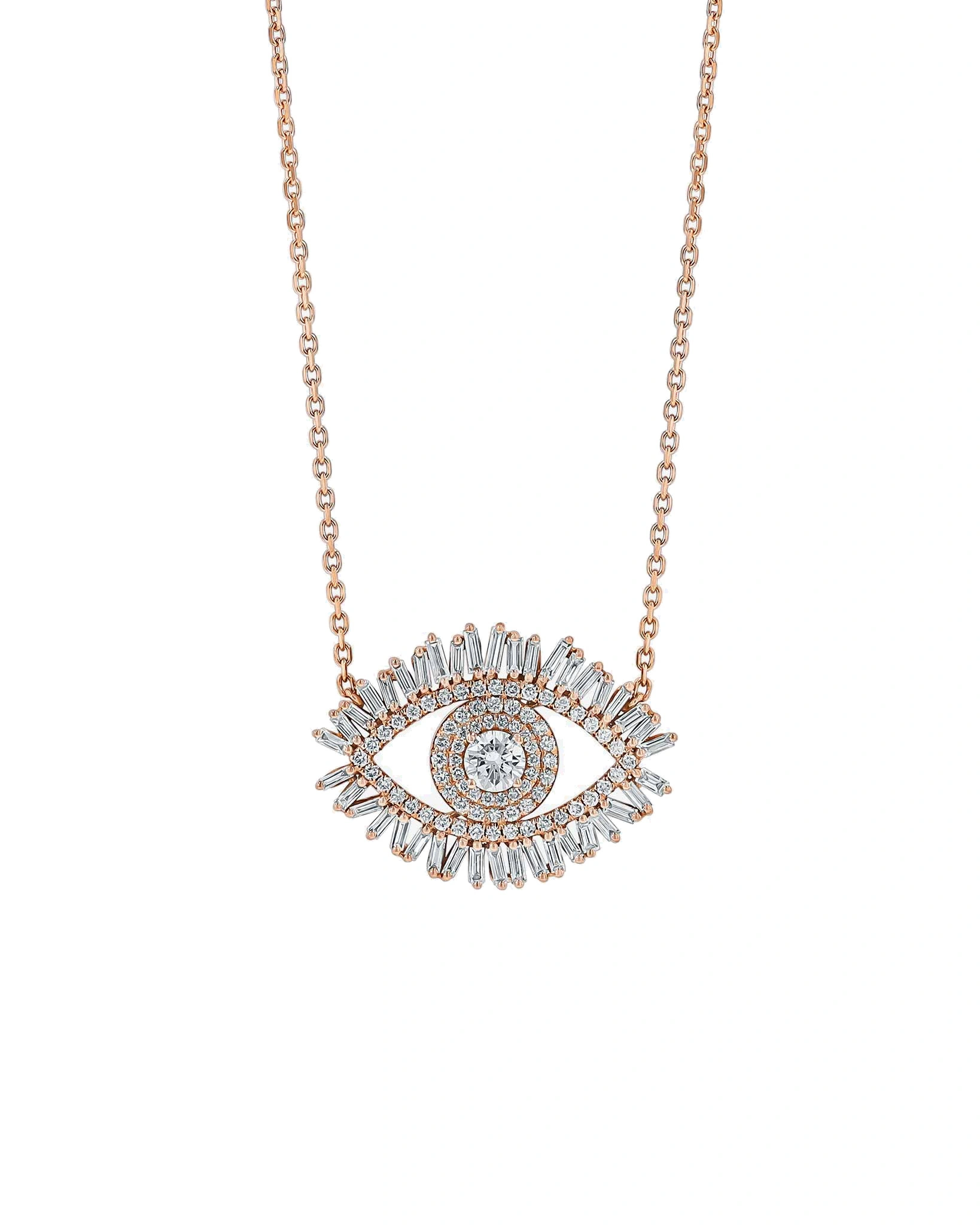 Suzanne Kalan Evil Eye Midi Diamond Half Pave Pendant in 18K Rose Gold Suzanne Kalan Evil Eye Midi Diamond Half Pave Pendant in 18K Rose Gold | Fine Necklaces | Coveti