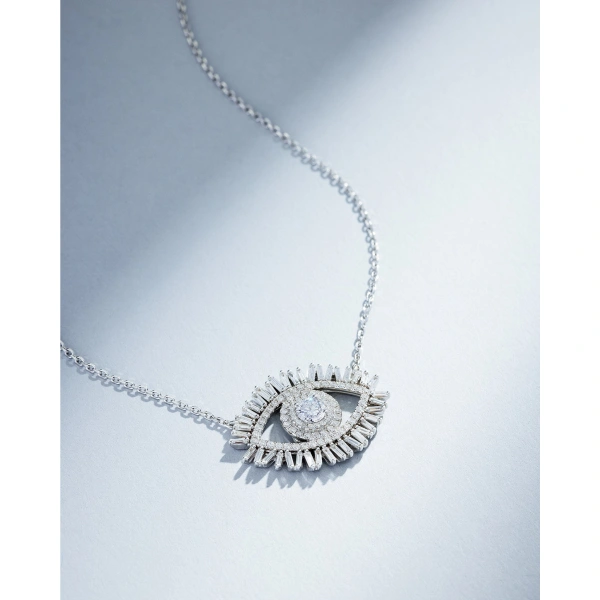 Suzanne Kalan Evil Eye Midi Diamond Half Pave Pendant in 18K White Gold | Fine Necklaces | Coveti