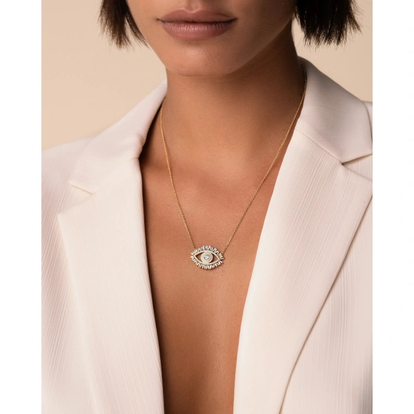 Suzanne Kalan Evil Eye Midi Diamond Half Pave Pendant in 18K Yellow Gold | Fine Necklaces | Coveti