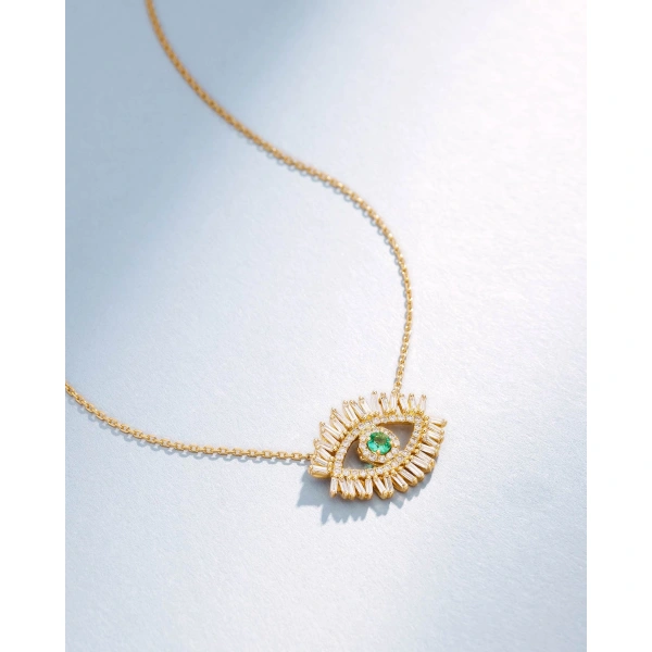 Suzanne Kalan Evil Eye Midi Emerald Half Pave Pendant in 18K Yellow Gold | Fine Necklaces | Coveti
