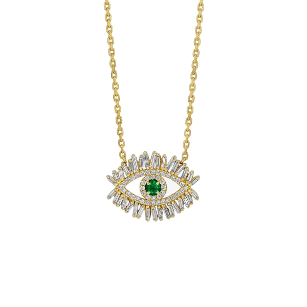 Suzanne Kalan Evil Eye Midi Emerald Half Pave Pendant in 18K Yellow Gold | Fine Necklaces | Coveti