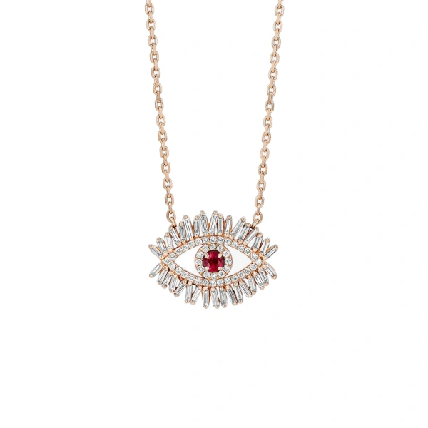 Suzanne Kalan Evil Eye Midi Half Pave Pendant in 18K Rose Gold, Ruby | Fine Necklaces | Coveti