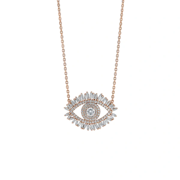 Suzanne Kalan Evil Eye Midi Half Pave Pendant in 18K Rose Gold | Fine Necklaces | Coveti