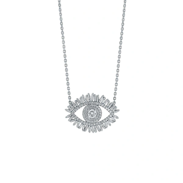Evil Eye Midi Half Pave Pendant in 18K White Gold