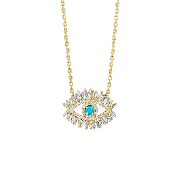 Suzanne Kalan Evil Eye Midi Half Pave Pendant in 18K Yellow Gold, Turquoise | Fine Necklaces | Coveti
