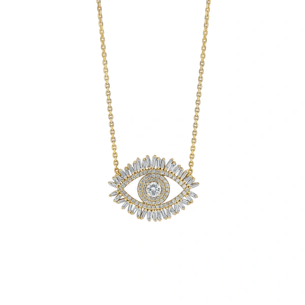 Suzanne Kalan Evil Eye Midi Half Pave Pendant in 18K Yellow Gold | Fine Necklaces | Coveti