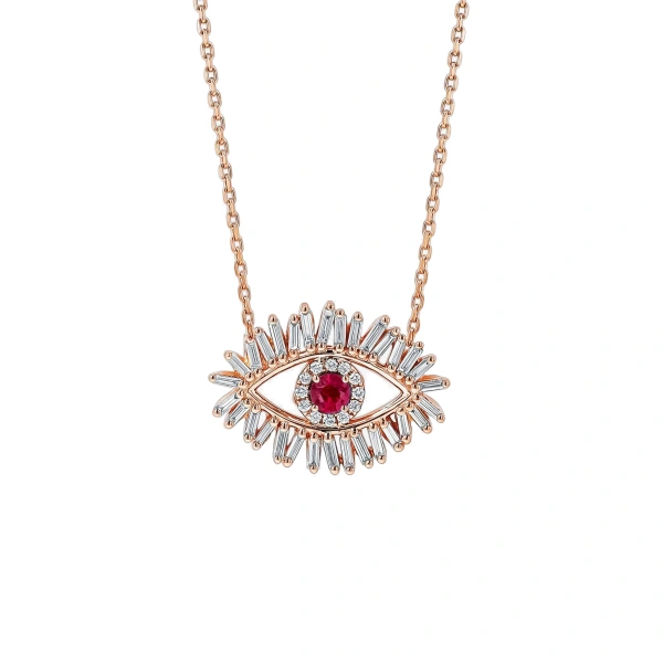 Suzanne Kalan Evil Eye Midi Pendant in 18K Rose Gold, Ruby | Fine Necklaces | Coveti