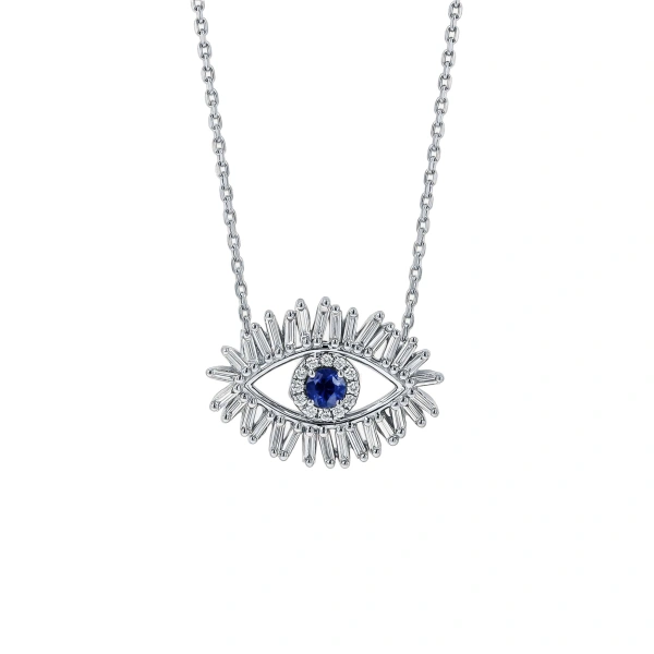 Suzanne Kalan Evil Eye Midi Pendant in 18K White Gold, Dark Blue Sapphire | Fine Necklaces | Coveti