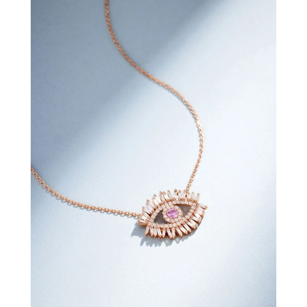 Suzanne Kalan Evil Eye Midi Pink Sapphire Half Pave Pendant in 18K Rose Gold | Fine Necklaces | Coveti