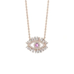 Suzanne Kalan Evil Eye Midi Pink Sapphire Half Pave Pendant in 18K Rose Gold | Fine Necklaces | Coveti