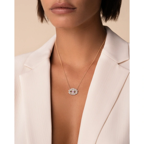 Suzanne Kalan Evil Eye Midi Pink Sapphire Half Pave Pendant in 18K Rose Gold | Fine Necklaces | Coveti