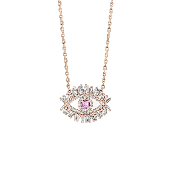 Evil Eye Midi Pink Sapphire Half Pave Pendant in 18K Rose Gold