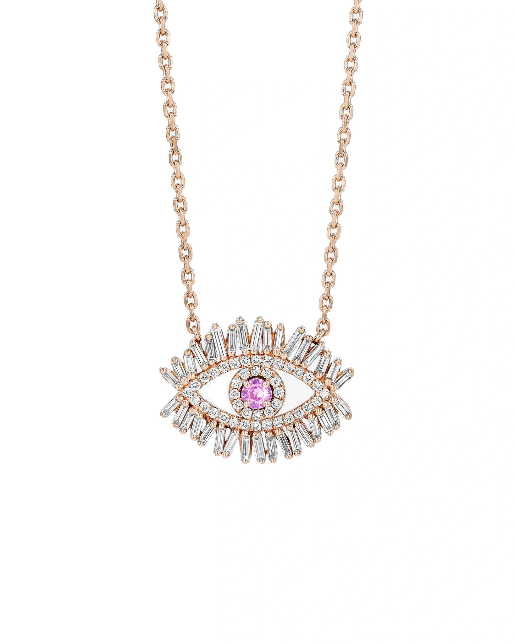 Suzanne Kalan Evil Eye Midi Pink Sapphire Half Pave Pendant in 18K Rose Gold Suzanne Kalan Evil Eye Midi Pink Sapphire Half Pave Pendant in 18K Rose Gold | Fine Necklaces | Coveti