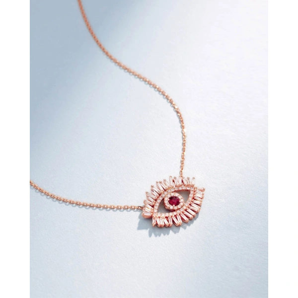 Suzanne Kalan Evil Eye Midi Ruby Half Pave Pendant in 18K Rose Gold | Fine Necklaces | Coveti