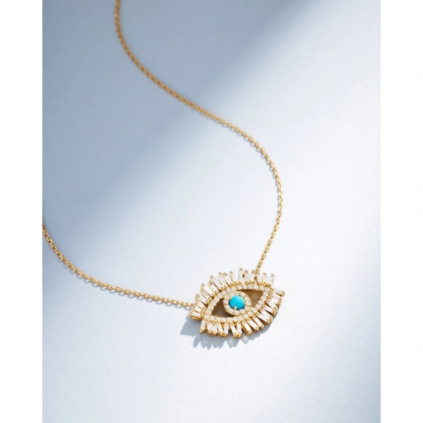 Suzanne Kalan Evil Eye Midi Turquoise Half Pave Pendant in 18K Yellow Gold | Fine Necklaces | Coveti