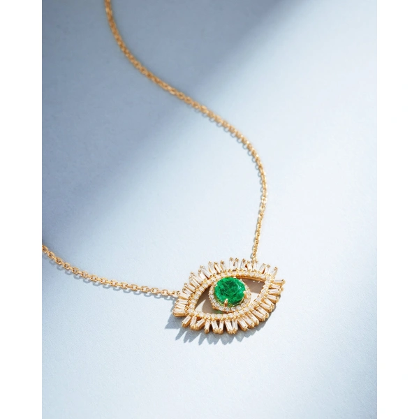 Suzanne Kalan Evil Eye Milli Emerald Half Pave Pendant in 18K Yellow Gold | Fine Necklaces | Coveti