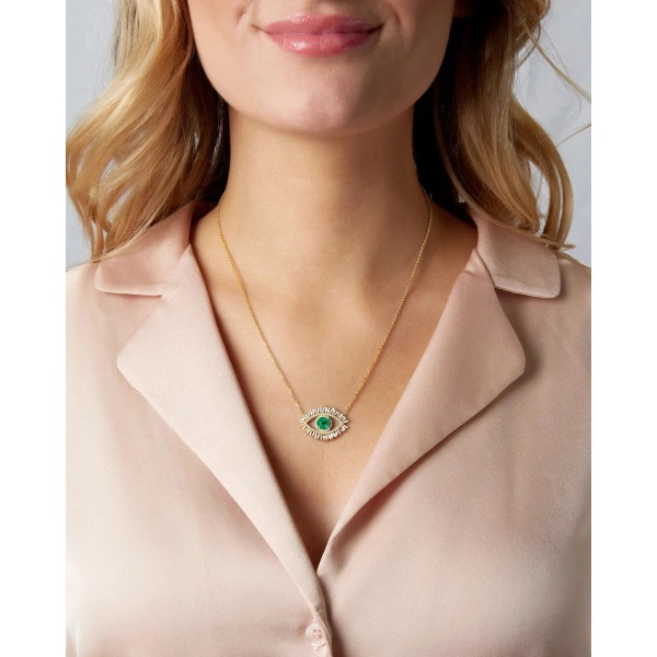 Suzanne Kalan Evil Eye Milli Emerald Half Pave Pendant in 18K Yellow Gold | Fine Necklaces | Coveti