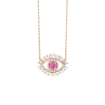 Suzanne Kalan Evil Eye Milli Half Pave Pendant in 18K Rose Gold, Pink Sapphire | Fine Necklaces | Coveti