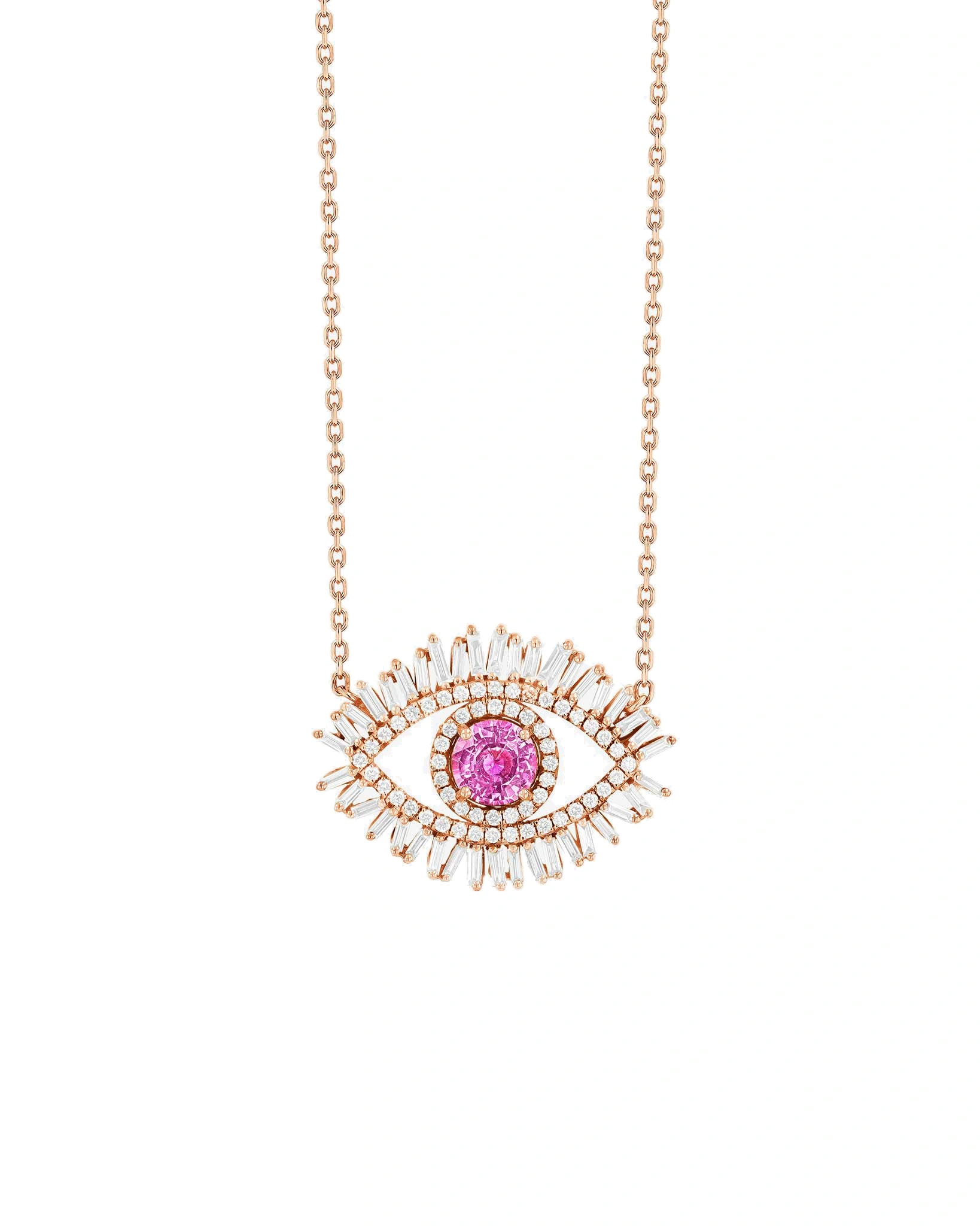Suzanne Kalan Evil Eye Milli Half Pave Pendant in 18K Rose Gold, Pink Sapphire Suzanne Kalan Evil Eye Milli Half Pave Pendant in 18K Rose Gold, Pink Sapphire | Fine Necklaces | Coveti