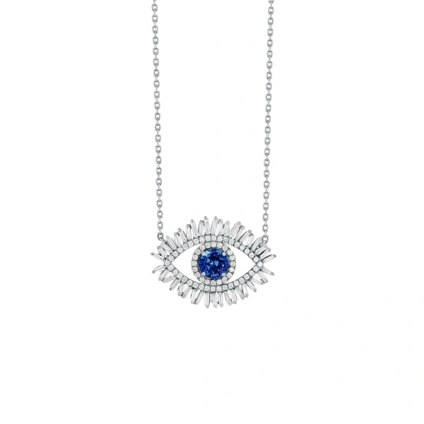 Suzanne Kalan Evil Eye Milli Half Pave Pendant in 18K White Gold, Dark Blue Sapphire | Fine Necklaces | Coveti