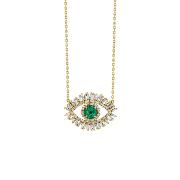 Evil Eye Milli Half Pave Pendant in 18K Yellow Gold, Emerald
