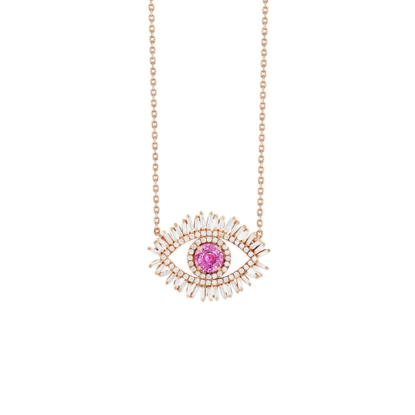 Suzanne Kalan Evil Eye Milli Pink Sapphire Half Pave Pendant in 18K Rose Gold | Fine Necklaces | Coveti