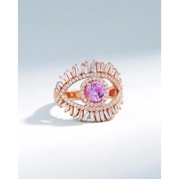 Suzanne Kalan Evil Eye Milli Pink Sapphire Half Pave Ring in 18K Rose Gold | Fine Rings | Coveti