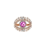 Suzanne Kalan Evil Eye Milli Pink Sapphire Half Pave Ring in 18K Rose Gold | Fine Rings | Coveti
