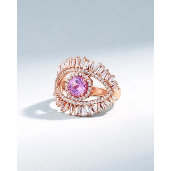 Suzanne Kalan Evil Eye Milli Pink Sapphire Half Pave Ring in 18K Rose Gold | Fine Rings | Coveti
