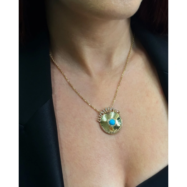 Suzanne Kalan Evil Eye Milli Turquoise Sunrise Pendant in 18K Yellow Gold | Fine Necklaces | Coveti