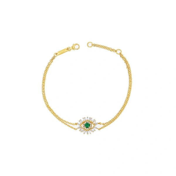 Suzanne Kalan Evil Eye Mini Bracelet in 18K Yellow Gold, Emerald | Fine Bracelets | Coveti