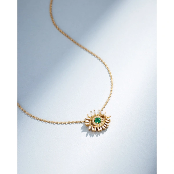 Suzanne Kalan Evil Eye Mini Emerald Pendant in 18K Yellow Gold | Fine Necklaces | Coveti