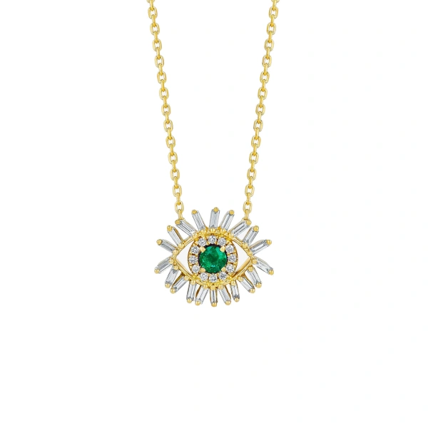 Suzanne Kalan Evil Eye Mini Emerald Pendant in 18K Yellow Gold | Fine Necklaces | Coveti
