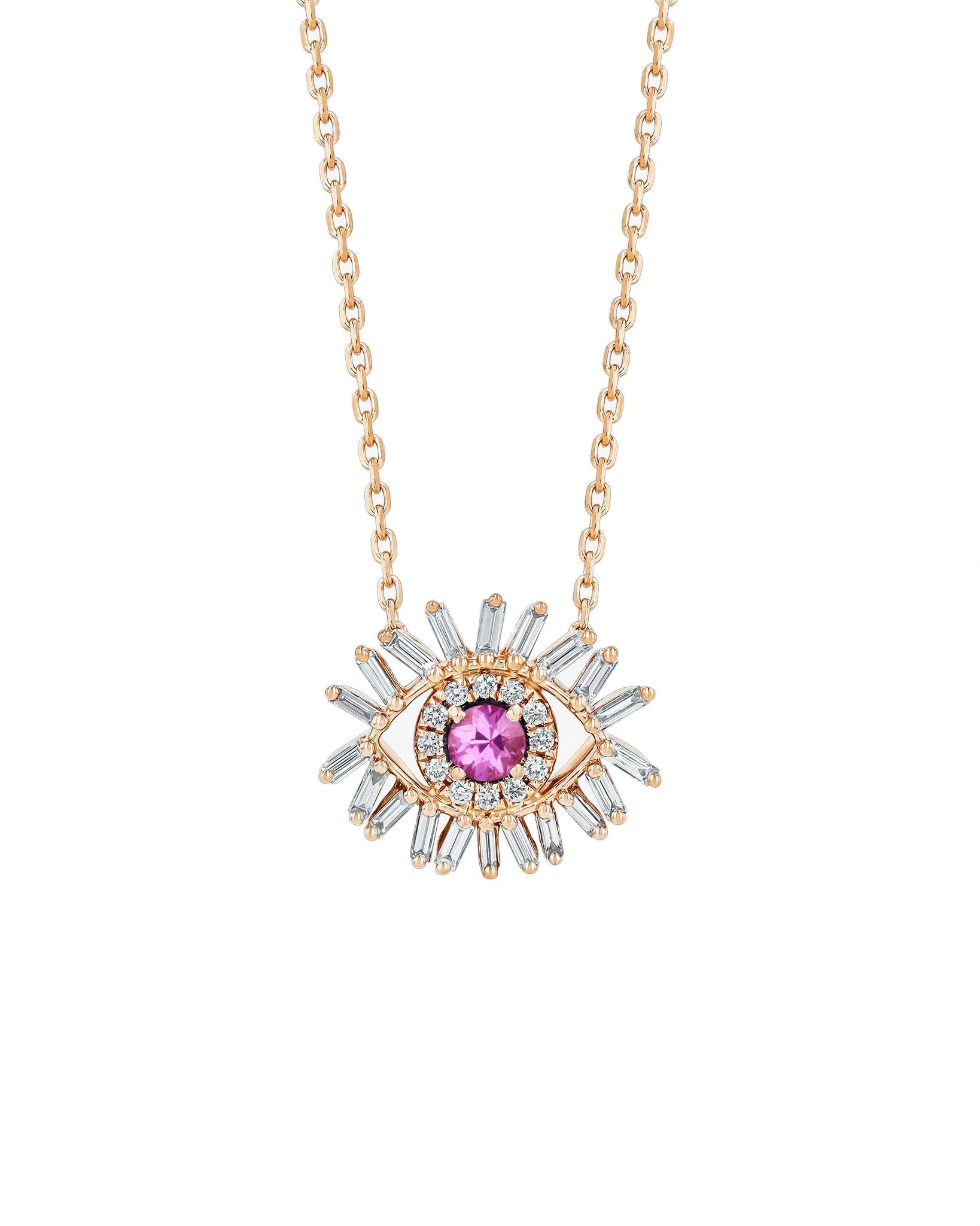 Suzanne Kalan Evil Eye Mini Pendant in 18K Rose Gold, Pink Sapphire Suzanne Kalan Evil Eye Mini Pendant in 18K Rose Gold, Pink Sapphire | Fine Necklaces | Coveti