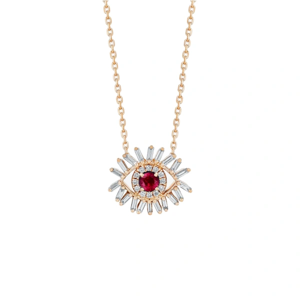 Suzanne Kalan Evil Eye Mini Pendant in 18K Rose Gold, Ruby | Fine Necklaces | Coveti