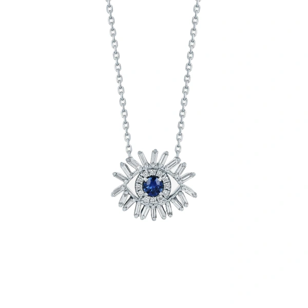 Suzanne Kalan Evil Eye Mini Pendant in 18K White Gold, Dark Blue Sapphire | Fine Necklaces | Coveti