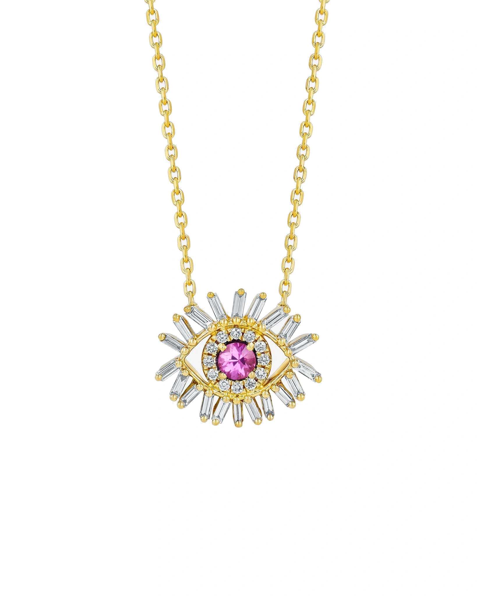 Suzanne Kalan Evil Eye Mini Pendant in 18K Yellow Gold, Pink Sapphire Suzanne Kalan Evil Eye Mini Pendant in 18K Yellow Gold, Pink Sapphire | Fine Necklaces | Coveti