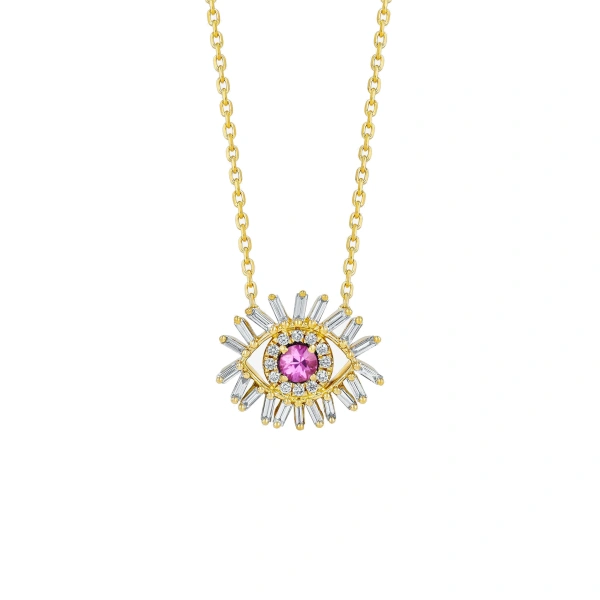 Suzanne Kalan Evil Eye Mini Pink Sapphire Pendant in 18K Yellow Gold | Fine Necklaces | Coveti