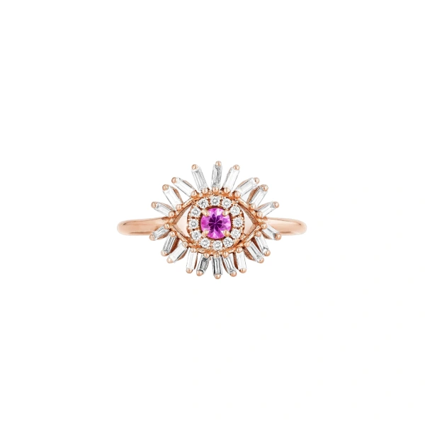 Suzanne Kalan Evil Eye Mini Ring in 18K Rose Gold, Pink Sapphire | Fine Rings | Coveti