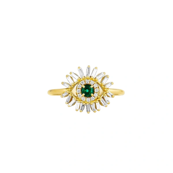 Suzanne Kalan Evil Eye Mini Ring in 18K Yellow Gold, Emerald | Fine Rings | Coveti