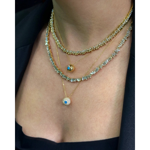 Suzanne Kalan Evil Eye Mini Turquoise Full Pave Diamond Orb Pendant in 18K Yellow Gold | Fine Necklaces | Coveti