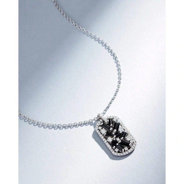 Suzanne Kalan Frenzy Black Sapphire Medium Dog Tag Pendant in 18K White Gold | Fine Necklaces | Coveti