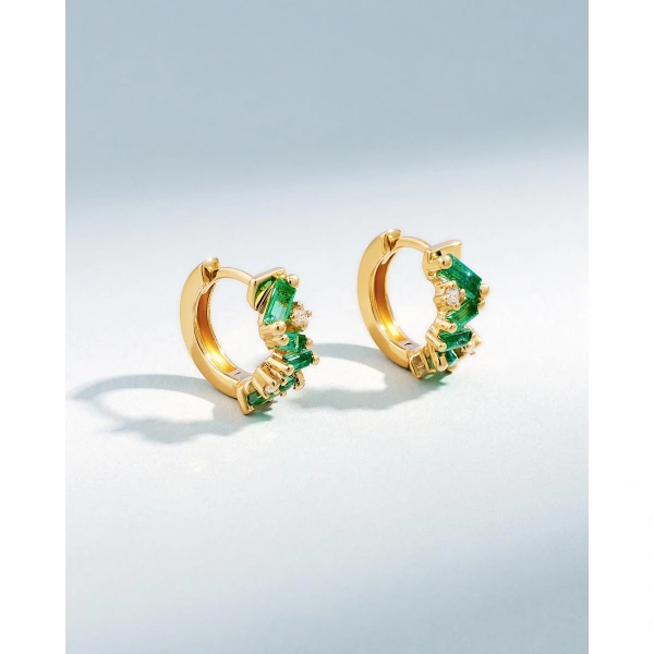 Suzanne Kalan Frenzy Emerald Huggies in 18K Yellow Gold | Fine Earrings | Coveti
