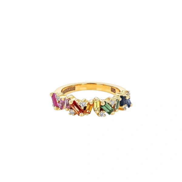 Suzanne Kalan Frenzy Half Band in 18K Yellow Gold, Rainbow Sapphire | Fine Rings | Coveti
