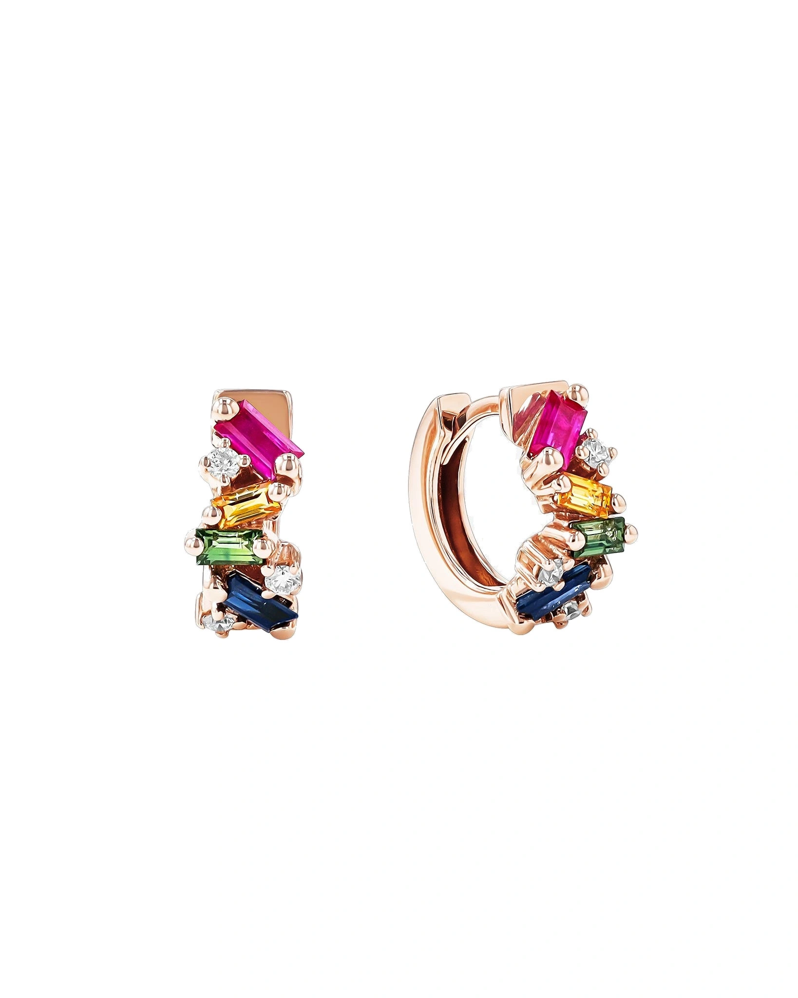 Suzanne Kalan Frenzy Huggies in 18K Rose Gold, Rainbow Sapphire Suzanne Kalan Frenzy Huggies in 18K Rose Gold, Rainbow Sapphire | Fine Earrings | Coveti