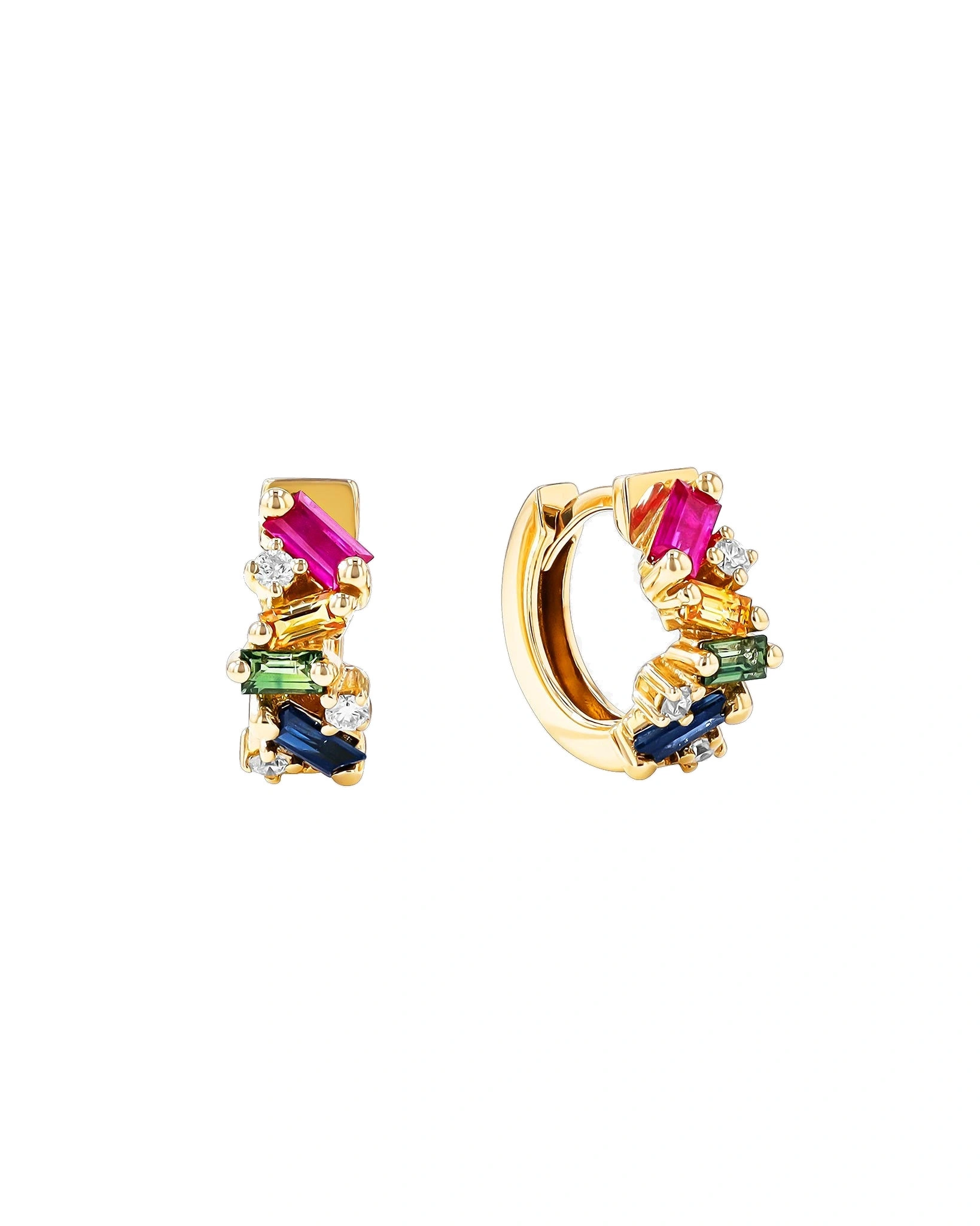 Suzanne Kalan Frenzy Huggies in 18K Yellow Gold, Rainbow Sapphire Suzanne Kalan Frenzy Huggies in 18K Yellow Gold, Rainbow Sapphire | Fine Earrings | Coveti