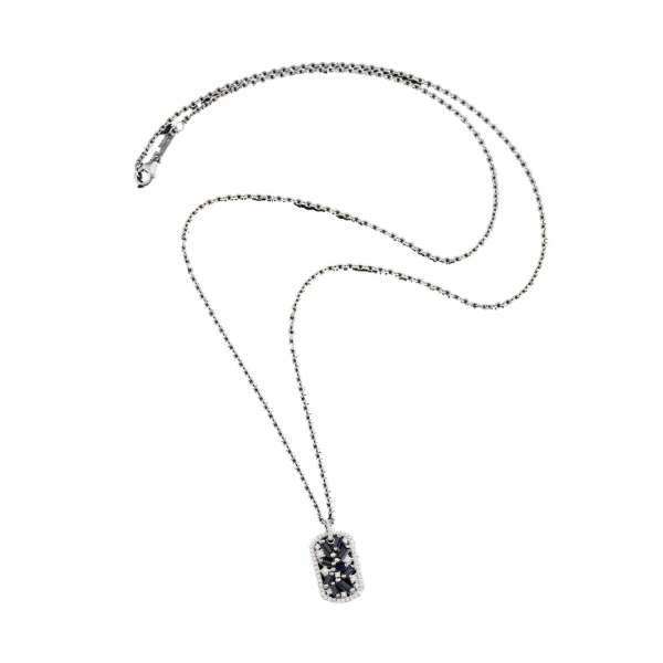 Frenzy Medium Dog Tag Necklace in 18K White Gold, Black Sapphire