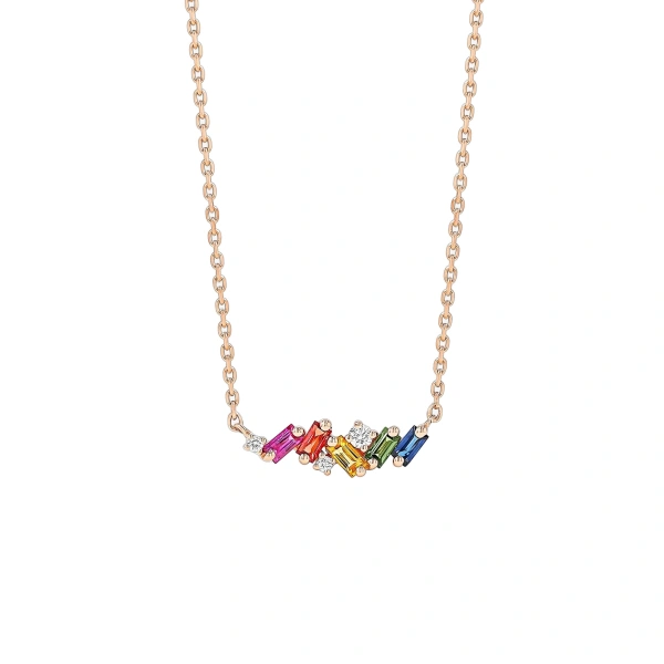 Suzanne Kalan Frenzy Mini Bar Pendant in 18K Rose Gold, Rainbow Sapphire | Fine Necklaces | Coveti