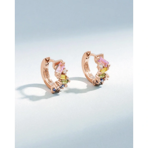 Suzanne Kalan Frenzy Pastel Sapphire Huggies in 18K Rose Gold | Fine Earrings | Coveti